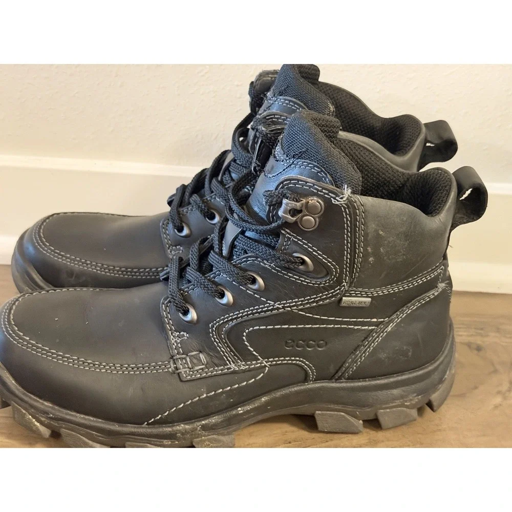 Ecco Track Mid Top Black Leather Boots Hiking Shoes US 8-8.5 EUR 42 Gore Tex